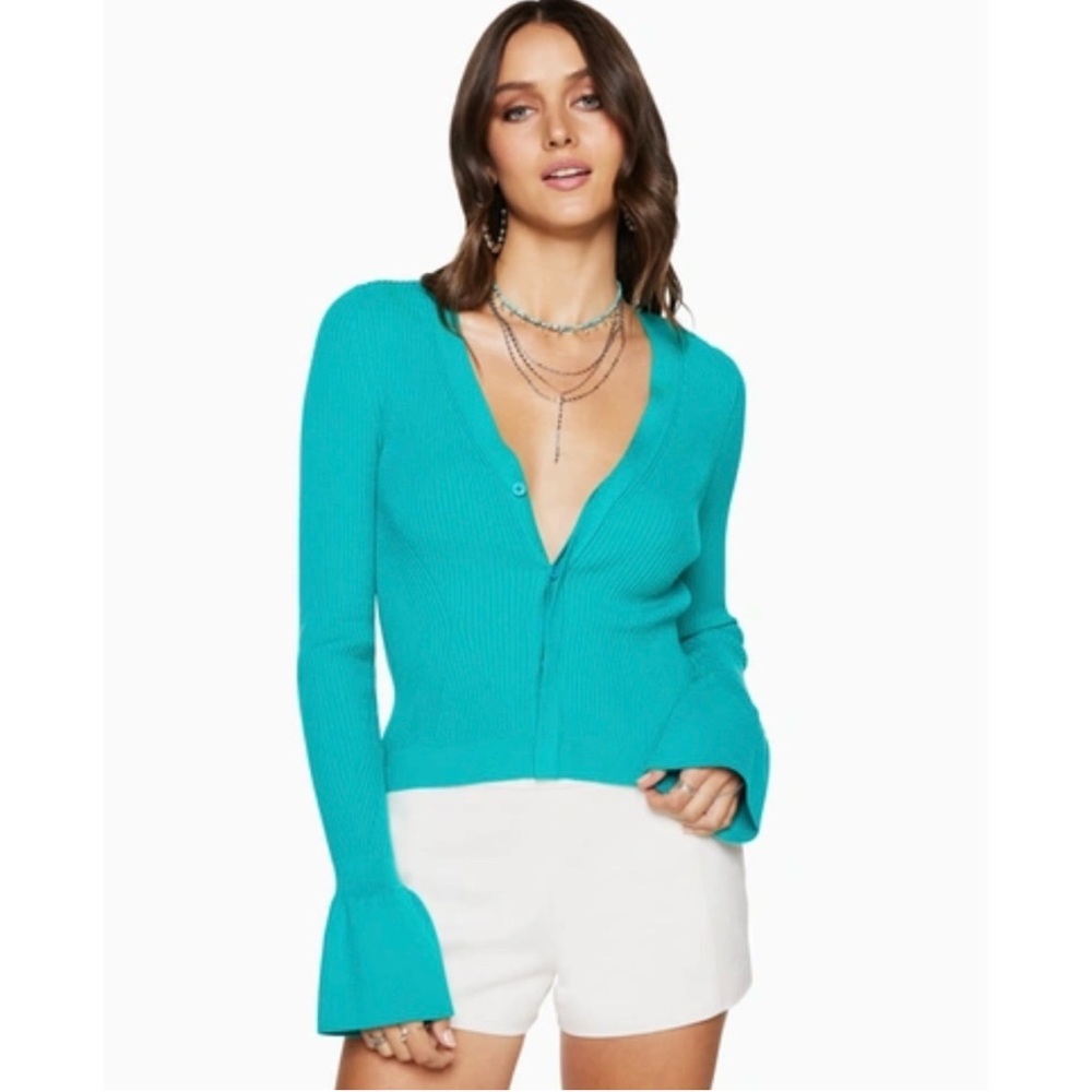 Ramy Brook Ribbed Tanner Bell Sleeve Sweater Oasis Green Teal Womens Size Small
